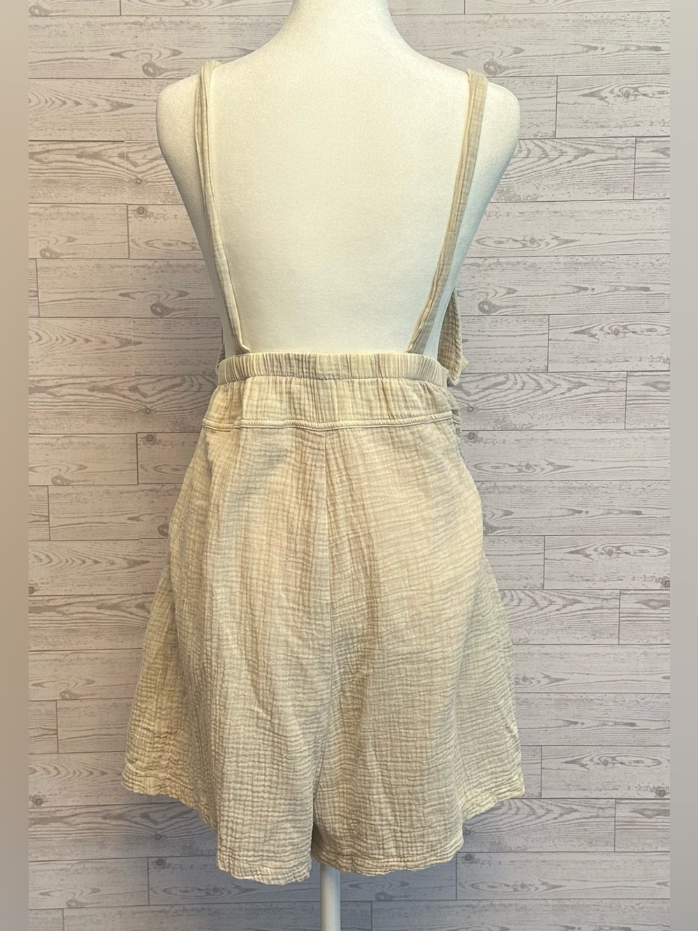 Zenana 100% Cotton Gauze Overall Romper Beige Boho Utility Pockets Size L - Picture 5 of 8